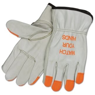 MCR Safety Unlined Drivers Gloves, Industrial Grade Cowhide, Large, Keystone Thumb, Beige/Hi-Vis Orange - 3213HVIL